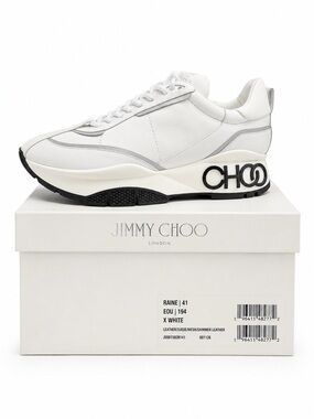 Jimmy Choo White Leather Raine‎ Platform Sneaker with Black Logo